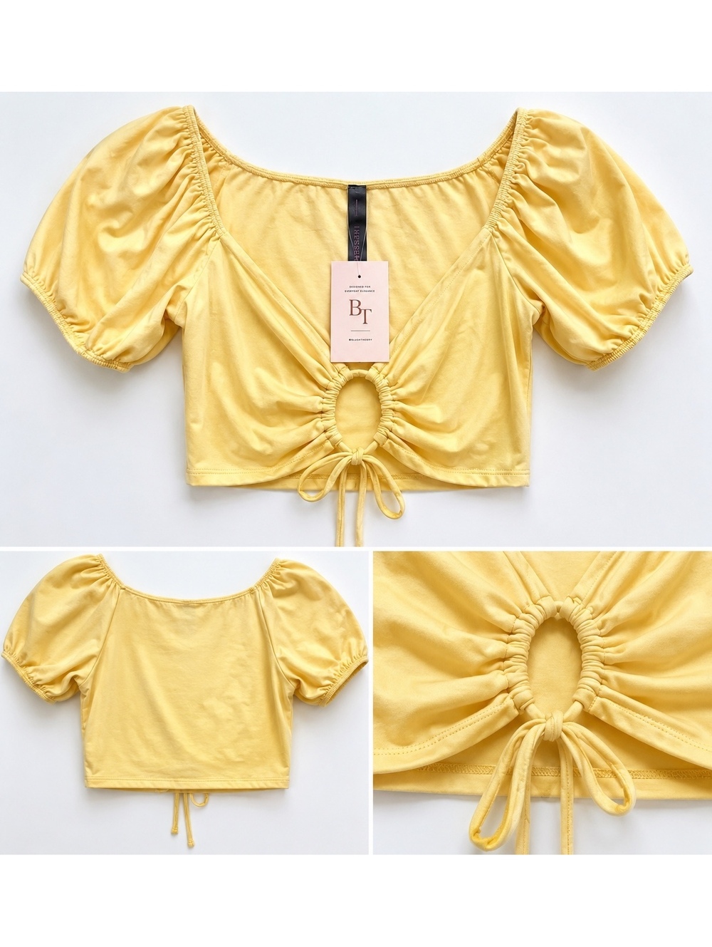 Blush Theory Women’s Yellow Puff Sleeve Cutout Crop Top NWT Size Small